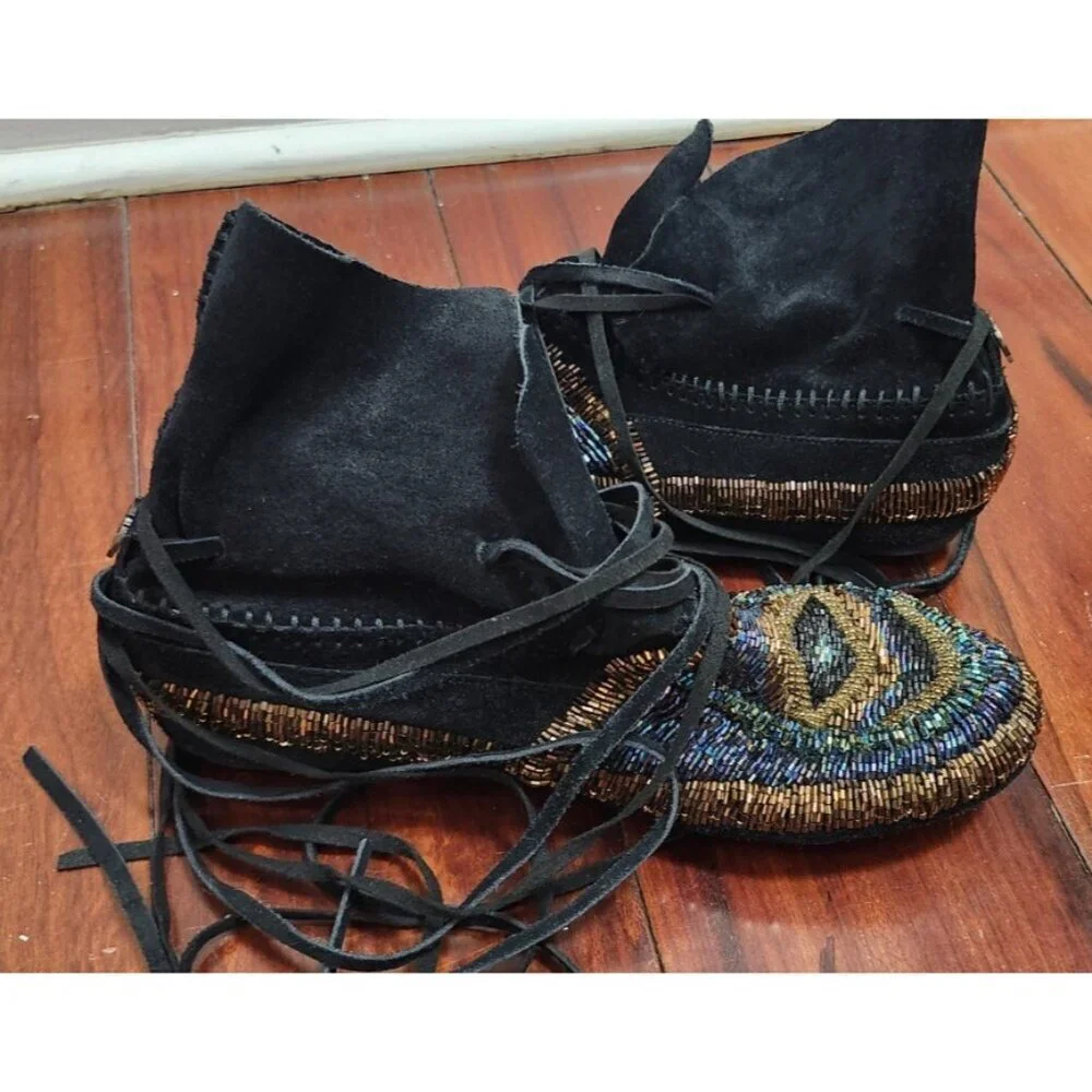 House of Harlow 1960 Beaded Suede Lace-Up Moccasin Boots Black Gold Boho Festiva